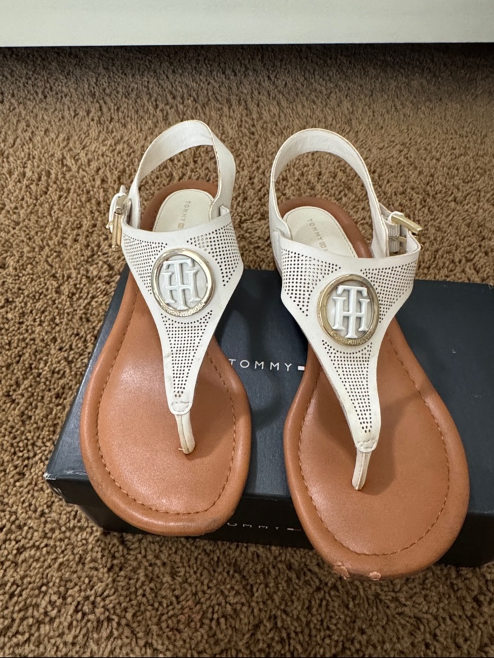 Tommy Hilfiger White Leather T-Strap Sandals with Gold Logo